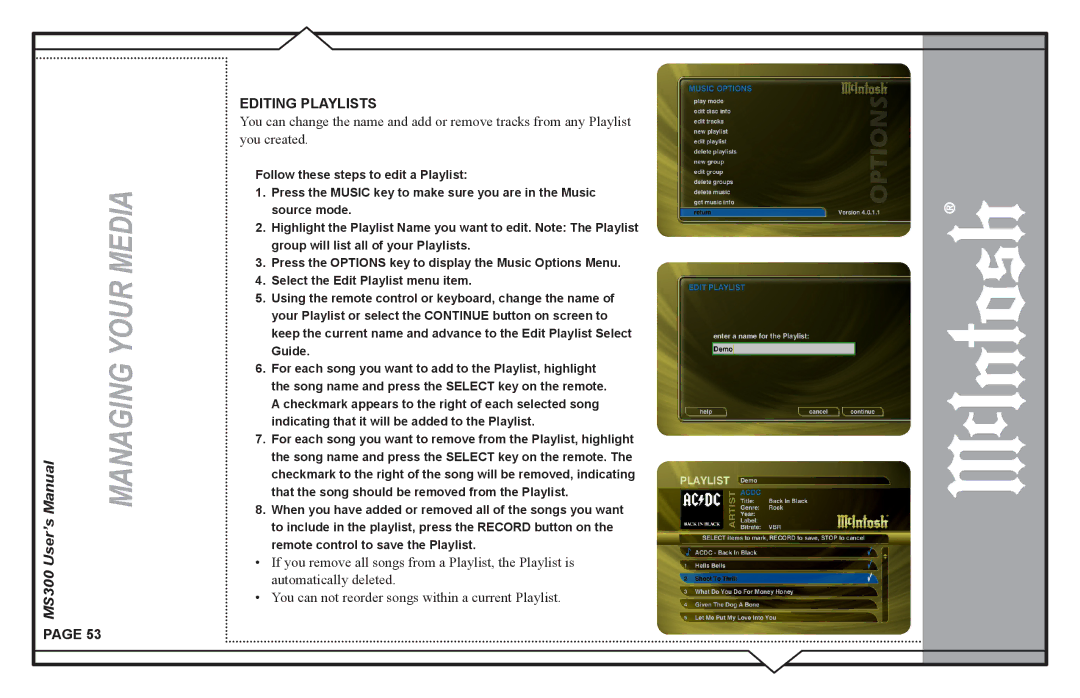 McIntosh MS300 user manual Editing Playlists 