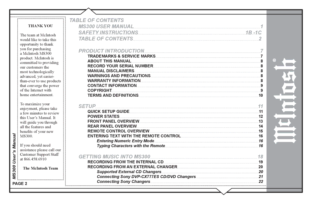 McIntosh MS300 user manual Table of Contents Safety Instructions Product Introduction 