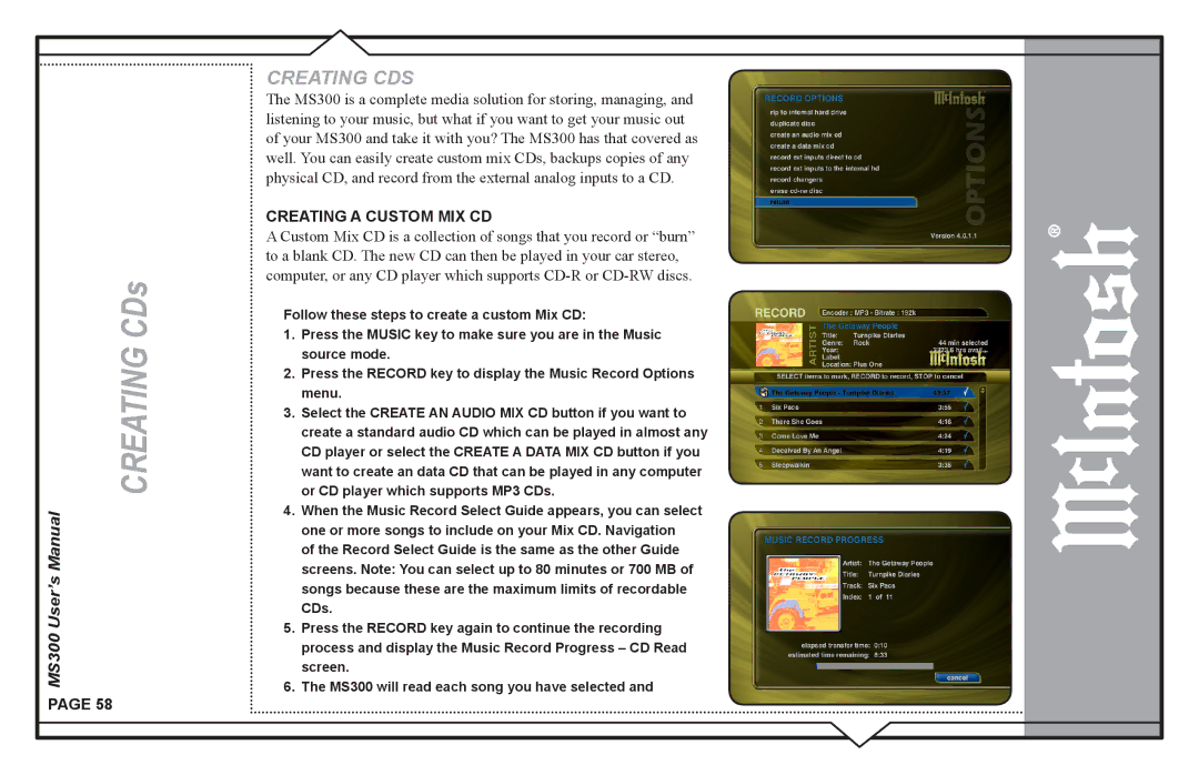 McIntosh MS300 user manual Creating CDs, Creating a Custom MIX CD 