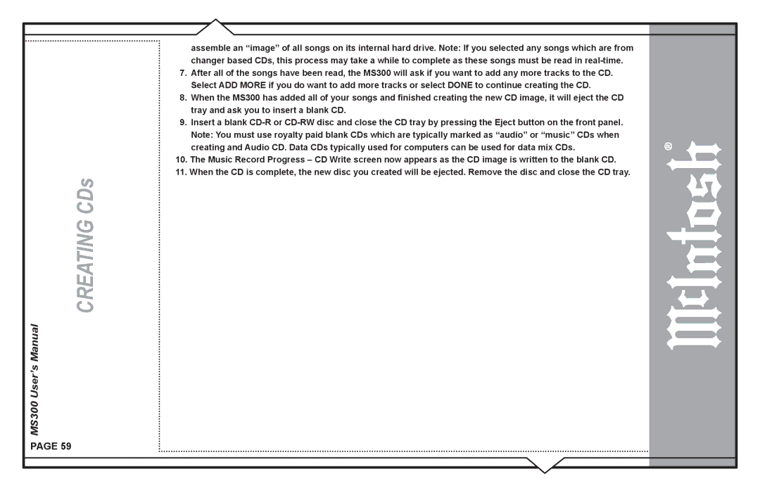 McIntosh MS300 user manual Creating CDs 