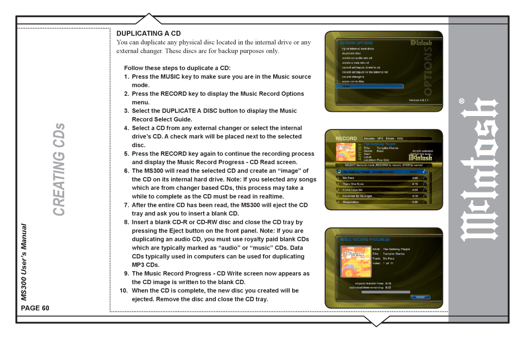 McIntosh MS300 user manual Duplicating a CD 