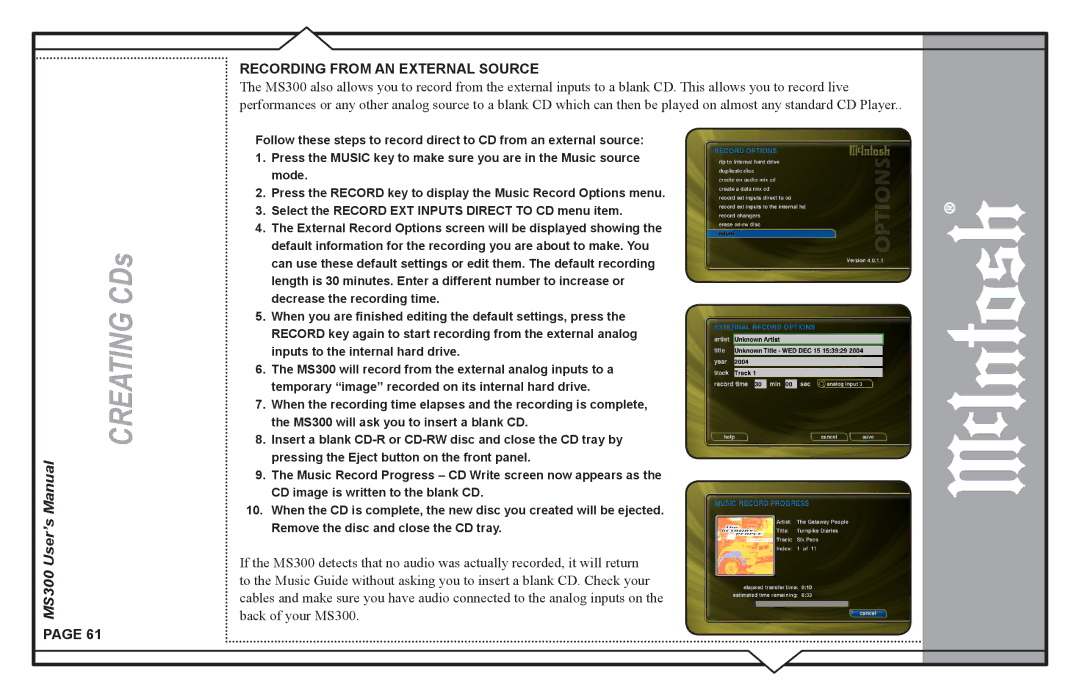 McIntosh MS300 user manual Recording from AN External Source 