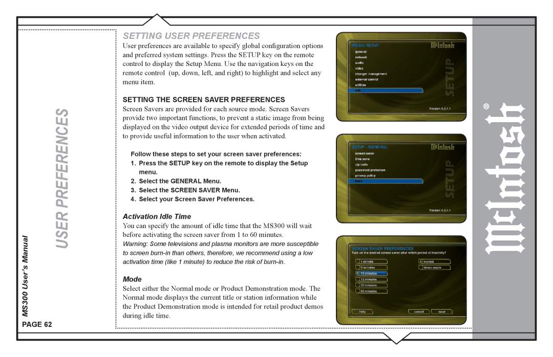 McIntosh MS300 user manual User Preferences, Activation Idle Time 