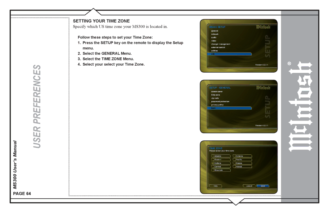 McIntosh user manual Specify which US time zone your MS300 is located 