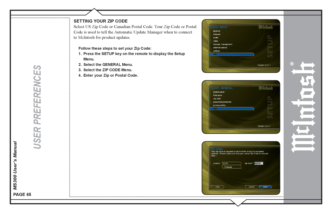 McIntosh MS300 user manual Setting Your ZIP Code 