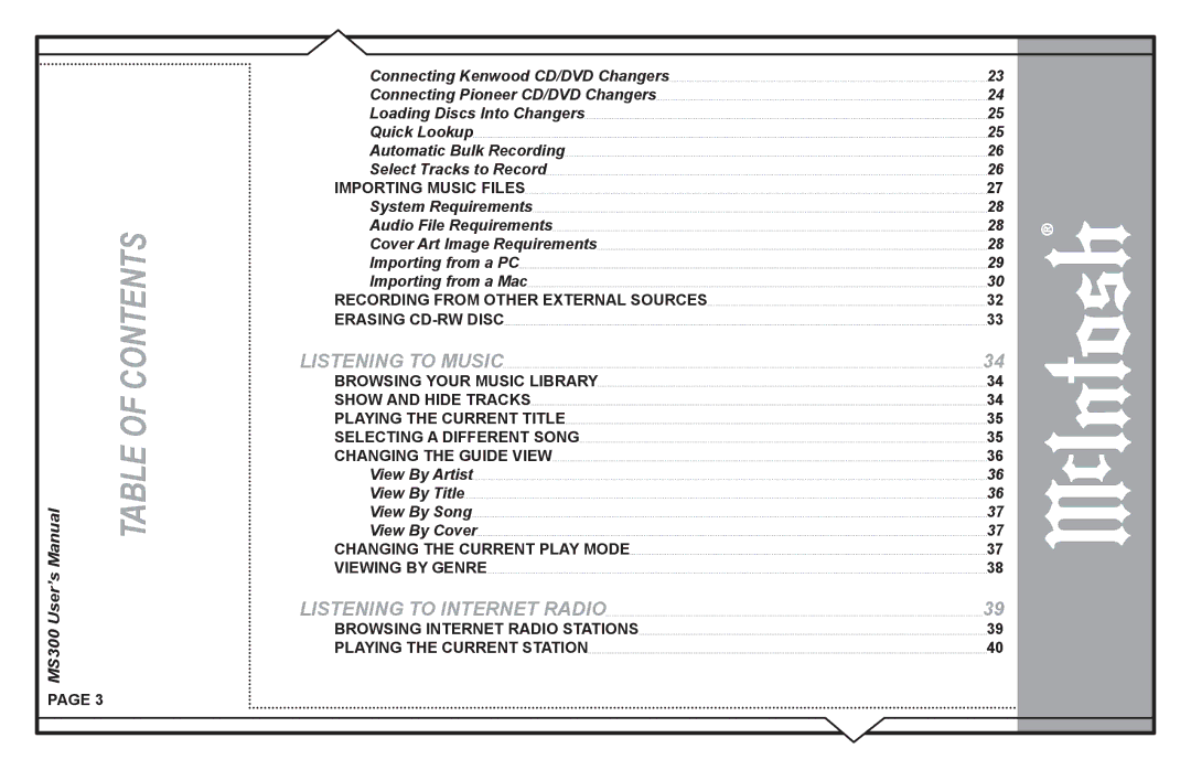 McIntosh MS300 user manual Table of Contents 