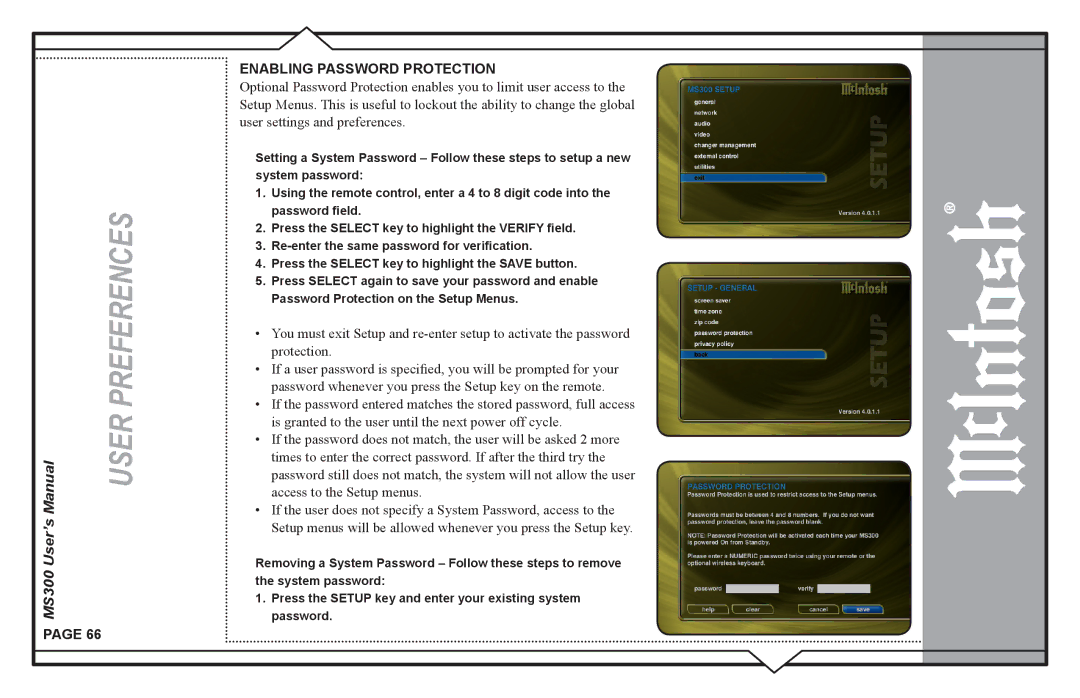 McIntosh MS300 user manual Enabling Password Protection 