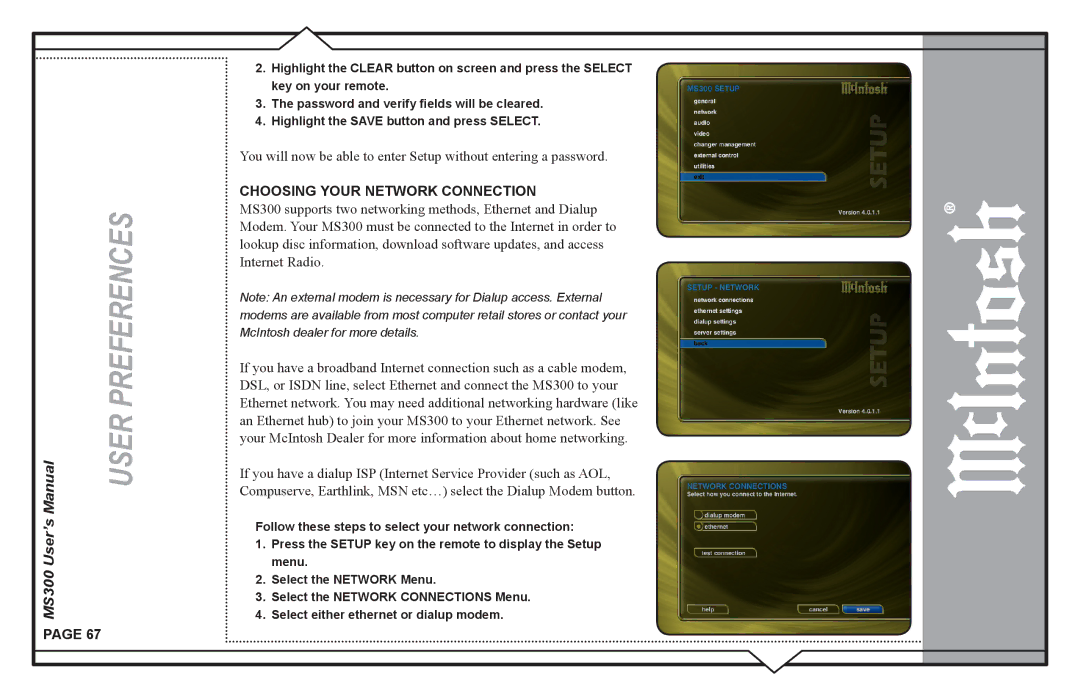 McIntosh MS300 user manual Choosing Your Network Connection 