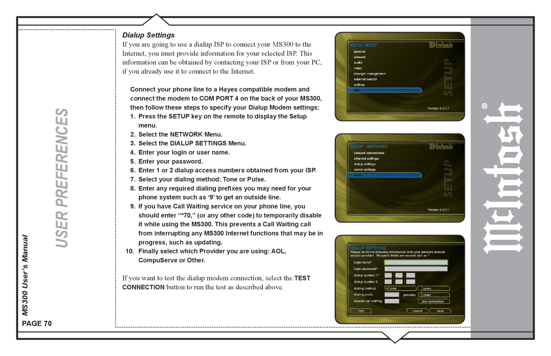 McIntosh user manual MS300 User’s Dialup Settings 