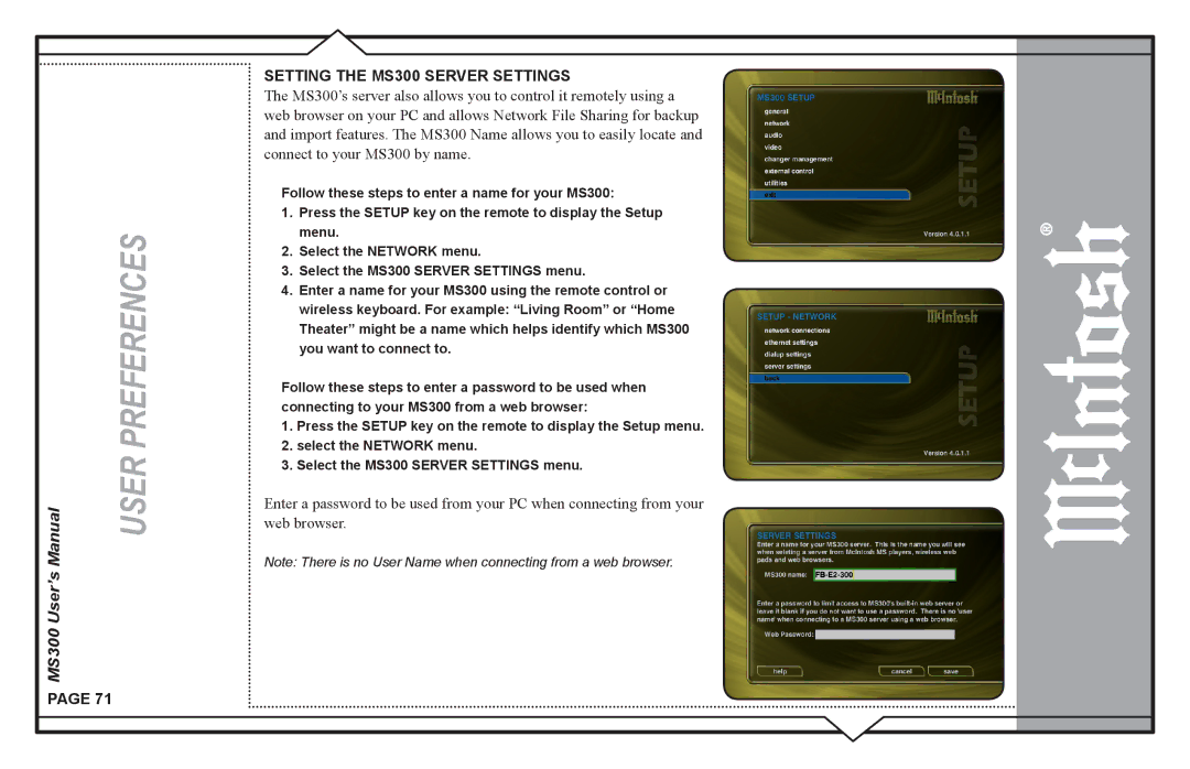 McIntosh user manual MS300 User’s, Setting the MS300 Server Settings 