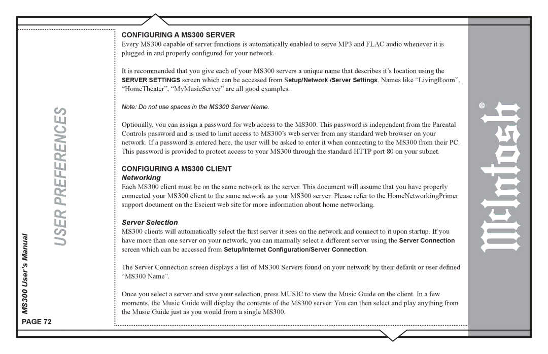 McIntosh user manual Configuring a MS300 Server, Configuring a MS300 Client, Networking, Server Selection 