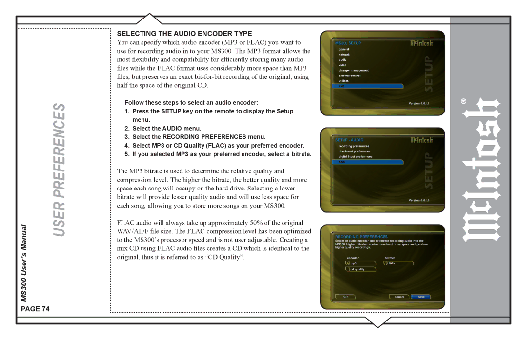 McIntosh MS300 user manual Selecting the Audio Encoder Type 