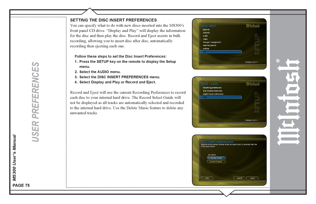 McIntosh MS300 user manual Setting the Disc Insert Preferences 