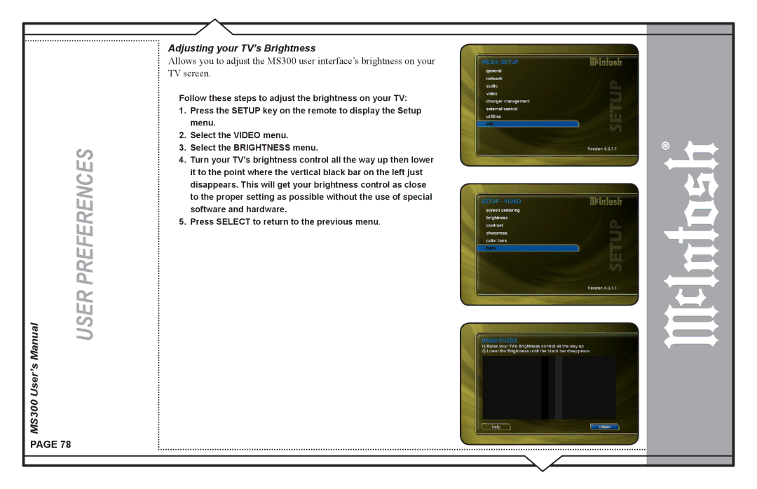 McIntosh user manual MS300 User’s Adjusting your TV’s Brightness 