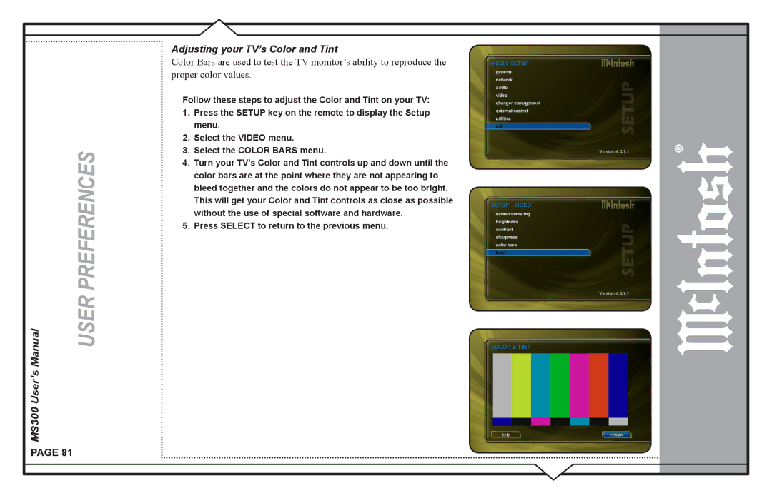 McIntosh user manual MS300 User’s Adjusting your TV’s Color and Tint 