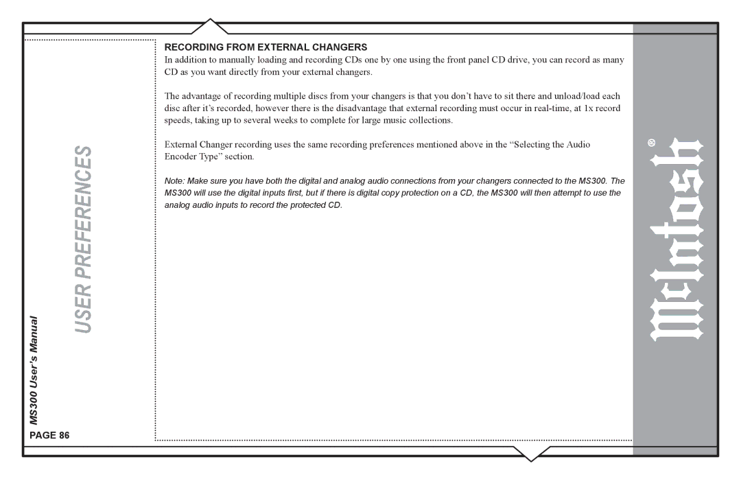 McIntosh user manual MS300 User’s, Recording from External Changers 