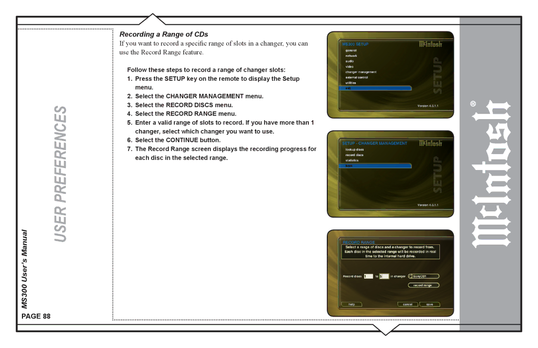 McIntosh user manual MS300 User’s Recording a Range of CDs 