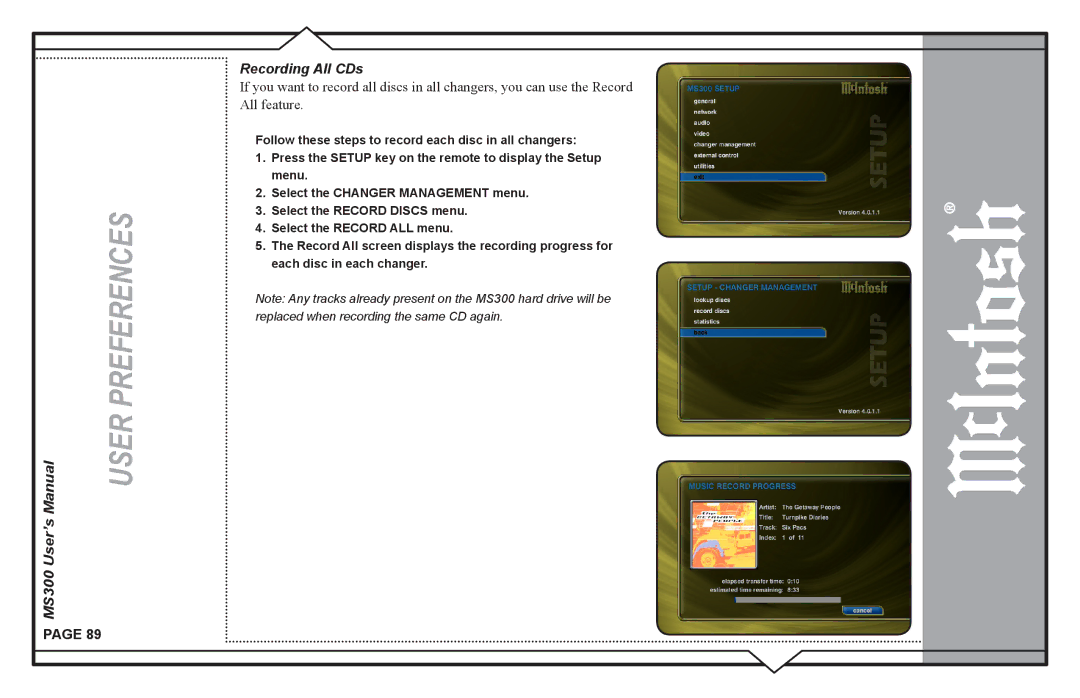 McIntosh user manual MS300 User’s Recording All CDs 