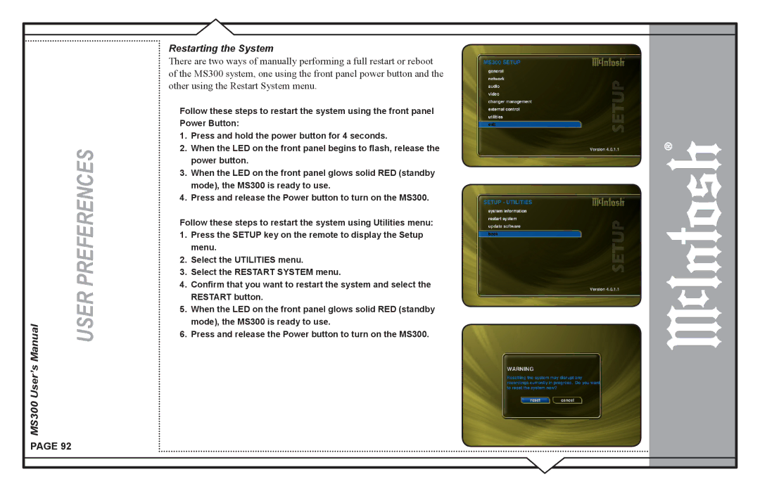 McIntosh user manual MS300 User’s Restarting the System 