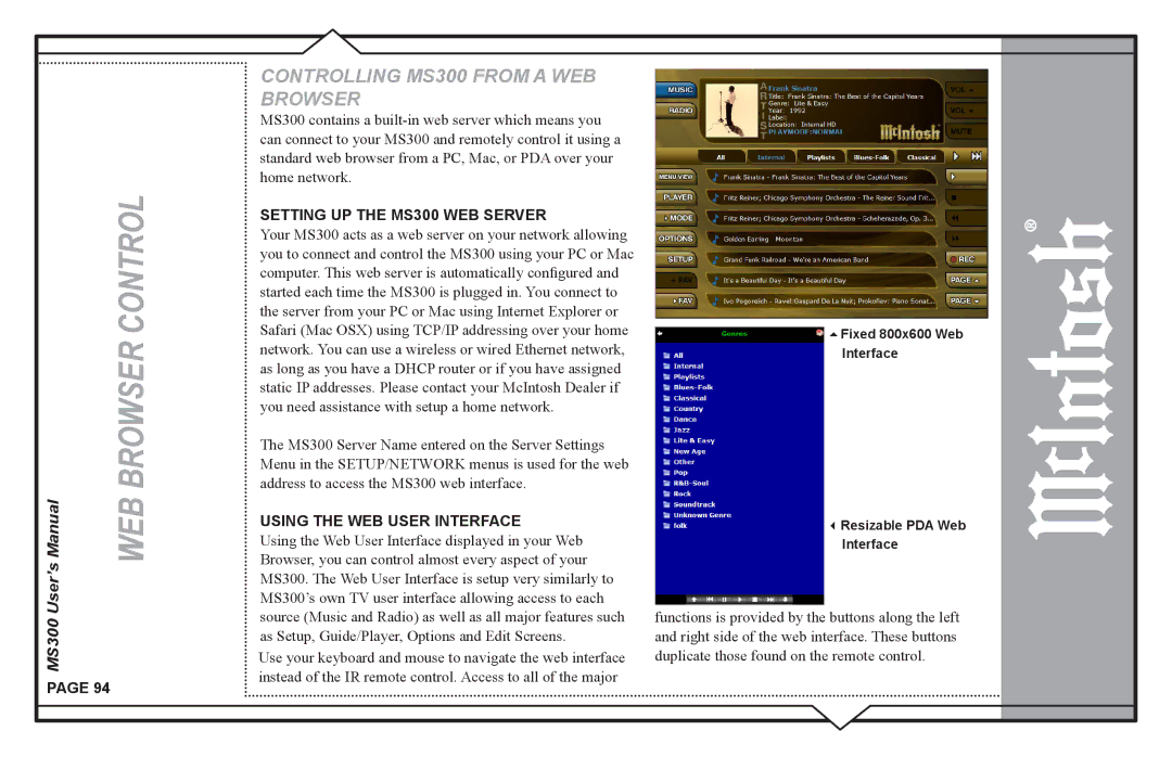 McIntosh user manual WEB Browser Control, Setting UP the MS300 WEB Server 