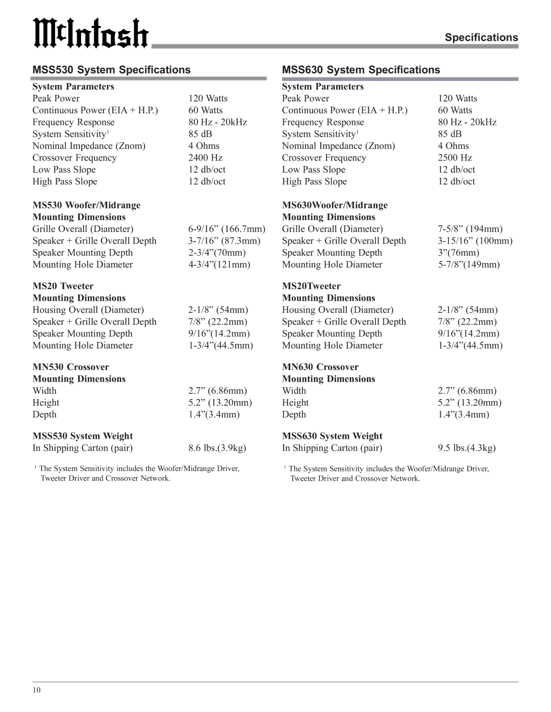 McIntosh owner manual MSS530 System Specifications MSS630 System Specifications 