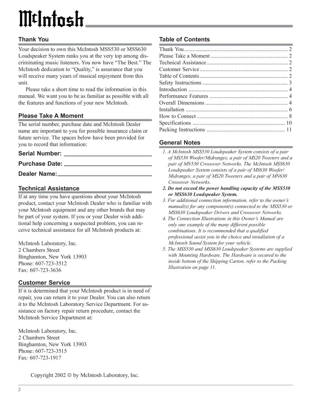 McIntosh MSS630, MSS530 owner manual Thank You, Please Take a Moment, Customer Service, Table of Contents, General Notes 