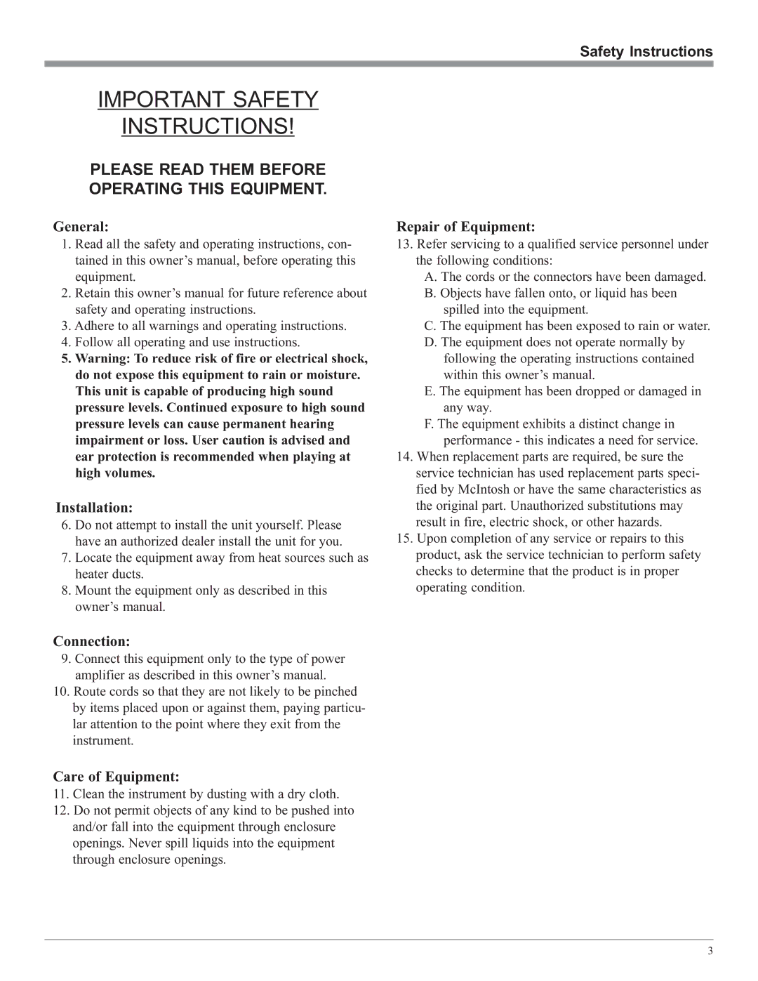 McIntosh MSS530, MSS630 owner manual Important Safety Instructions 