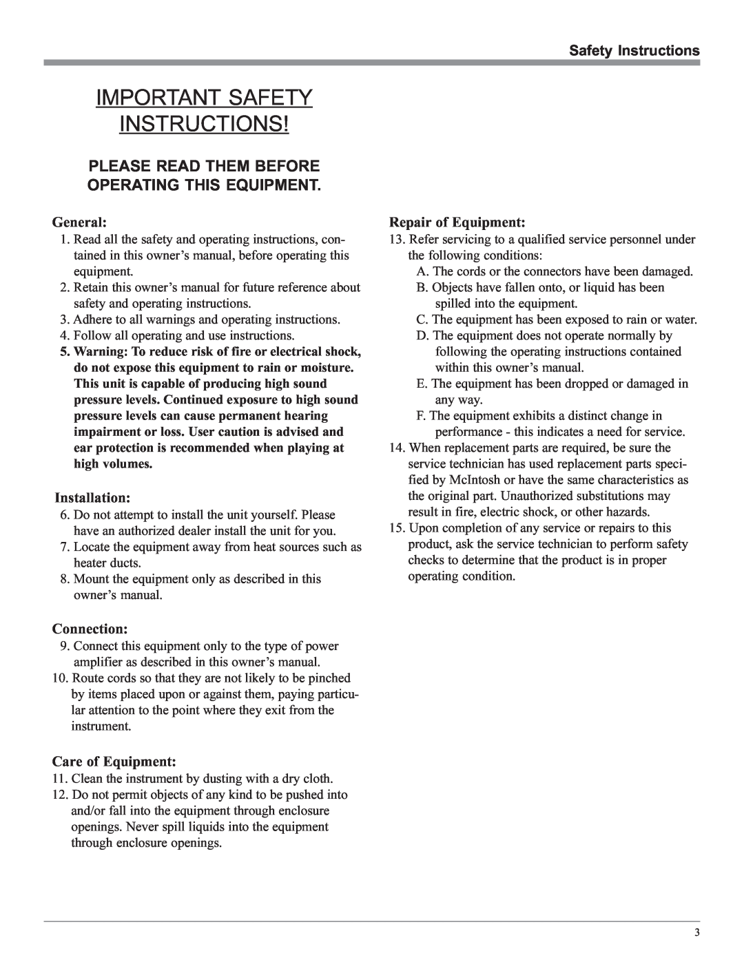 McIntosh MSS530 Important Safety Instructions, Please Read Them Before Operating This Equipment, General, Installation 