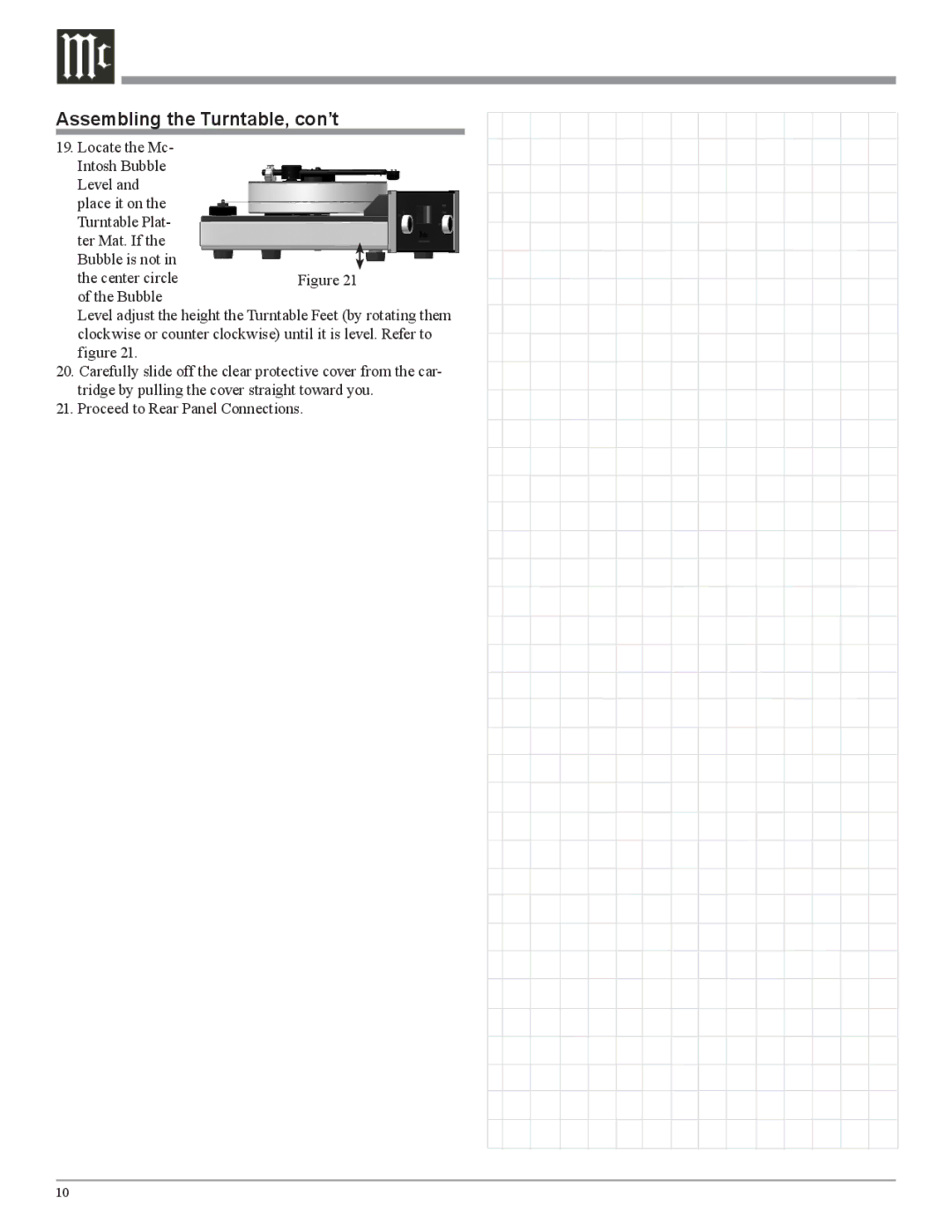 McIntosh MT10 owner manual Assembling the Turntable, con’t 