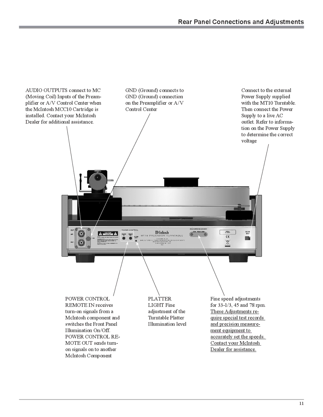 McIntosh MT10 owner manual Rear Panel Connections and Adjustments 