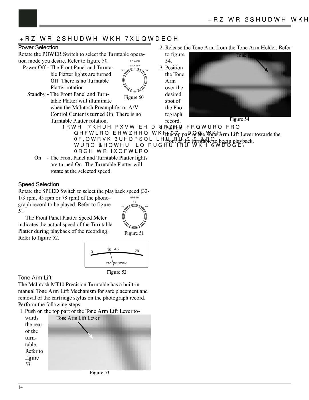 McIntosh MT10 owner manual How to Operate the Turntable, Power Selection, Speed Selection, Tone Arm Lift 