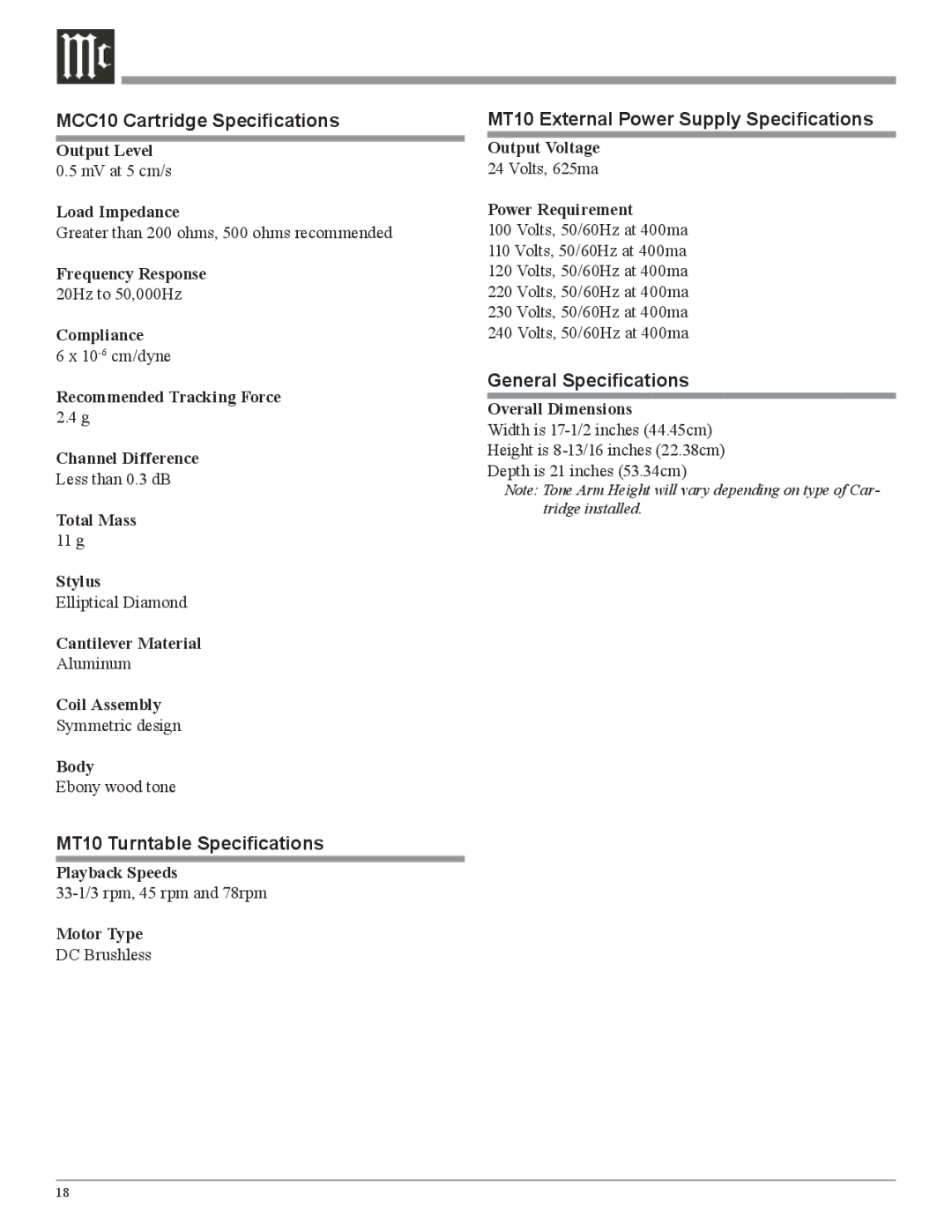 McIntosh MCC10 Cartridge Speciﬁcations, MT10 Turntable Speciﬁcations, MT10 External Power Supply Speciﬁcations 