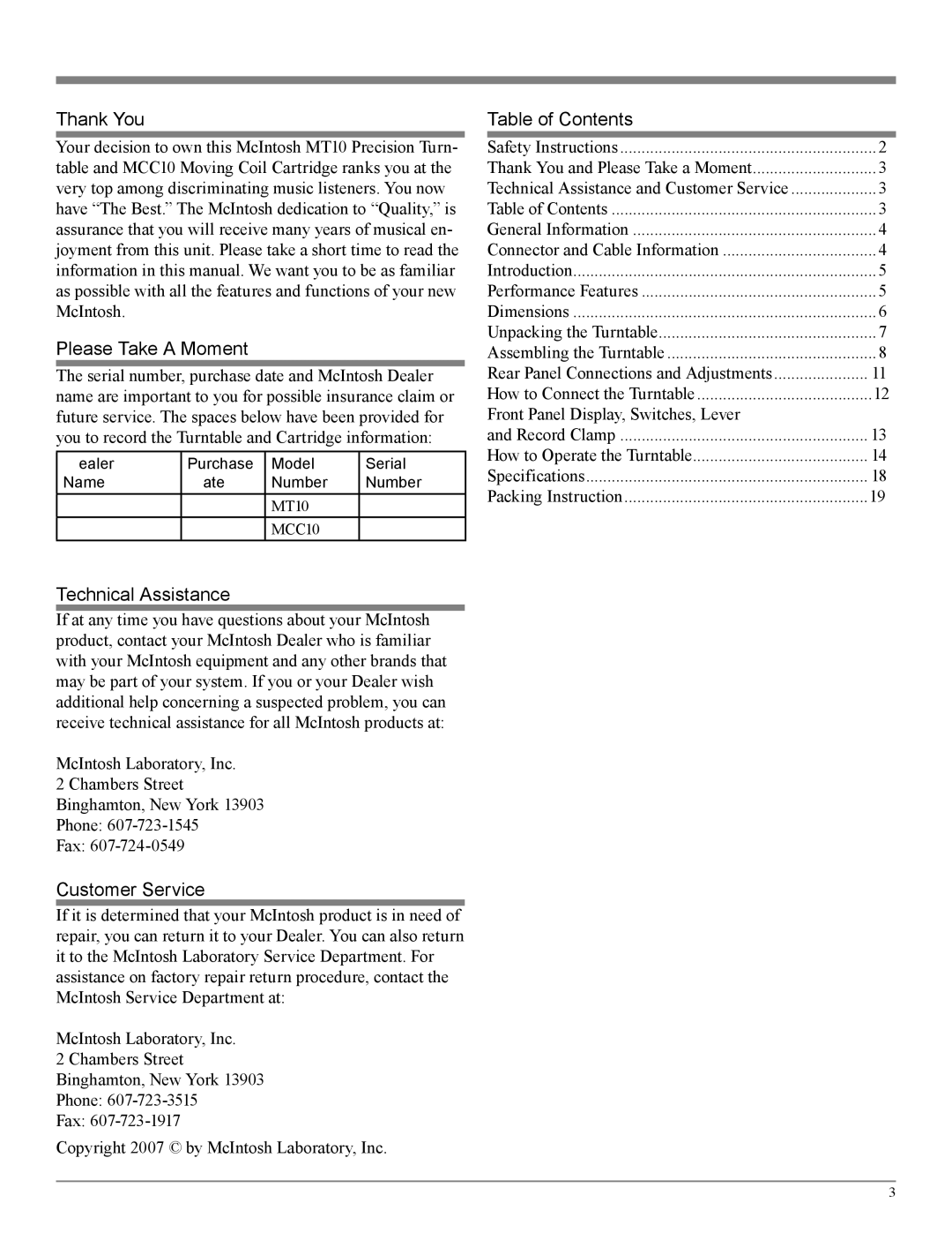 McIntosh MT10 owner manual Thank You, Please Take a Moment, Table of Contents, Technical Assistance, Customer Service 