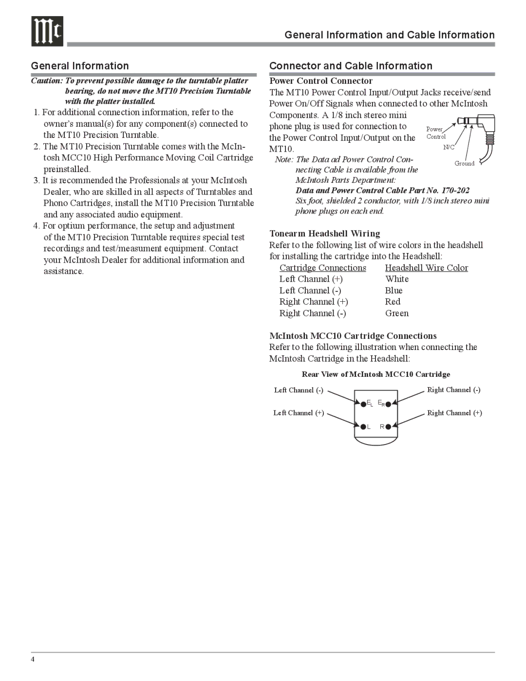 McIntosh MT10 owner manual Power Control Connector, Tonearm Headshell Wiring, McIntosh MCC10 Cartridge Connections 