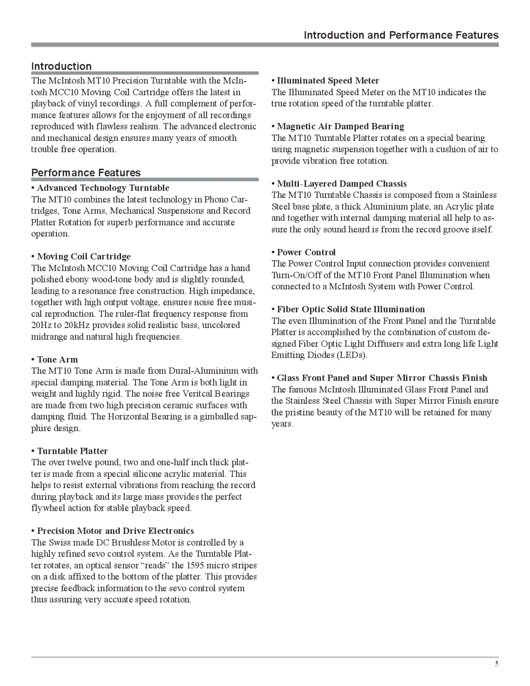 McIntosh MT10 owner manual Introduction and Performance Features 