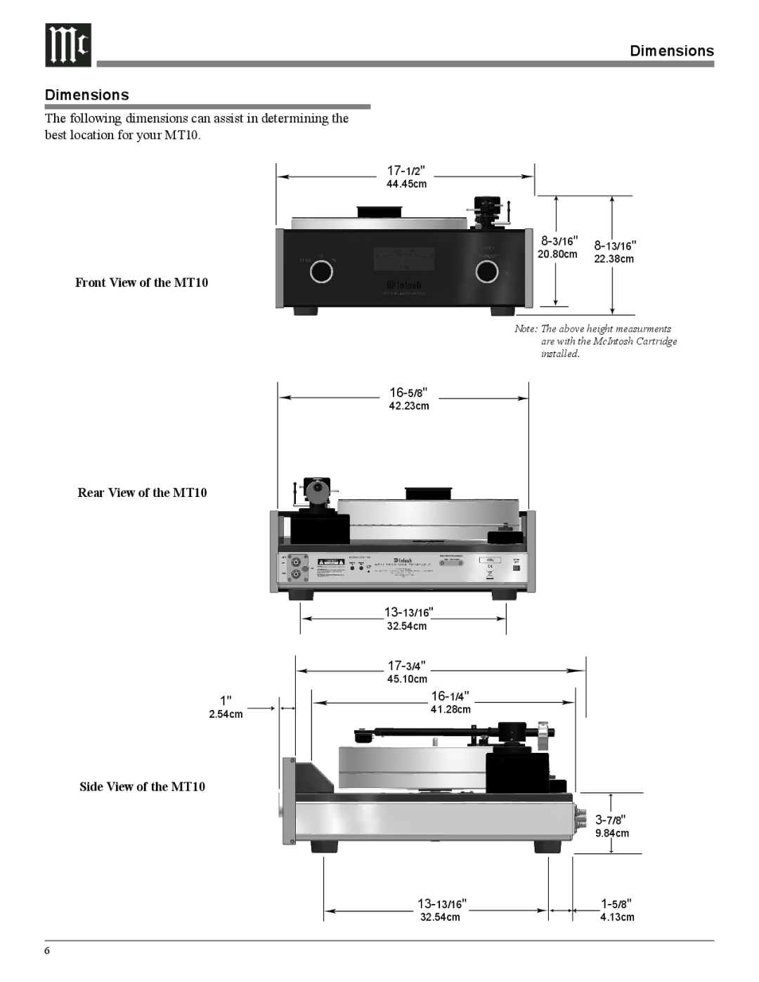 McIntosh MT10 owner manual Dimensions 