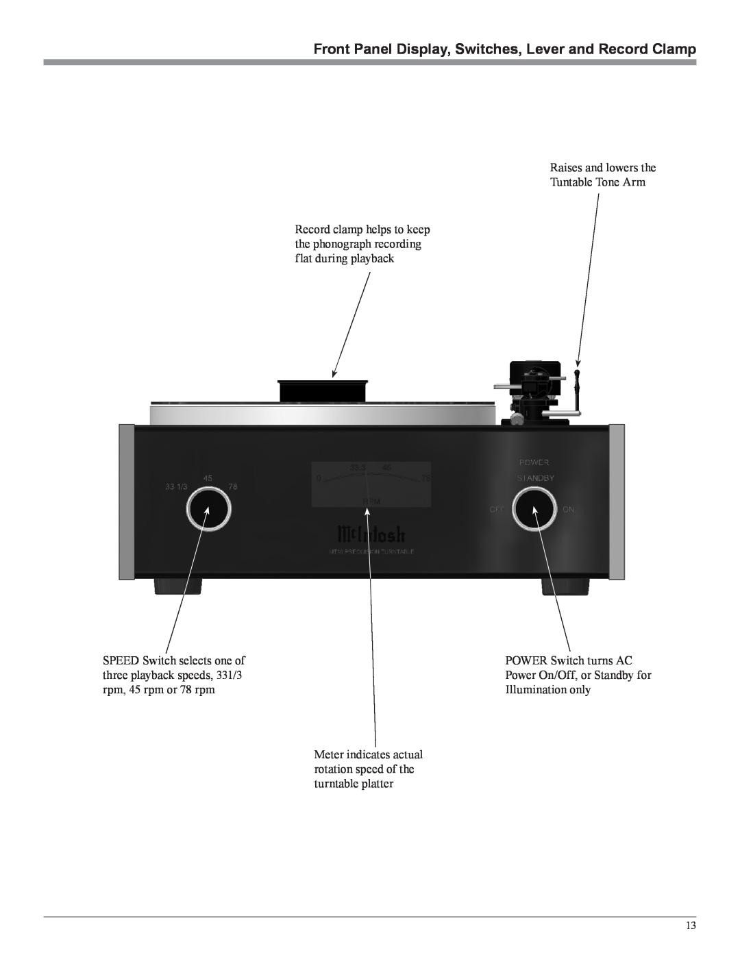 McIntosh MT10 owner manual Raises and lowers the Tuntable Tone Arm 
