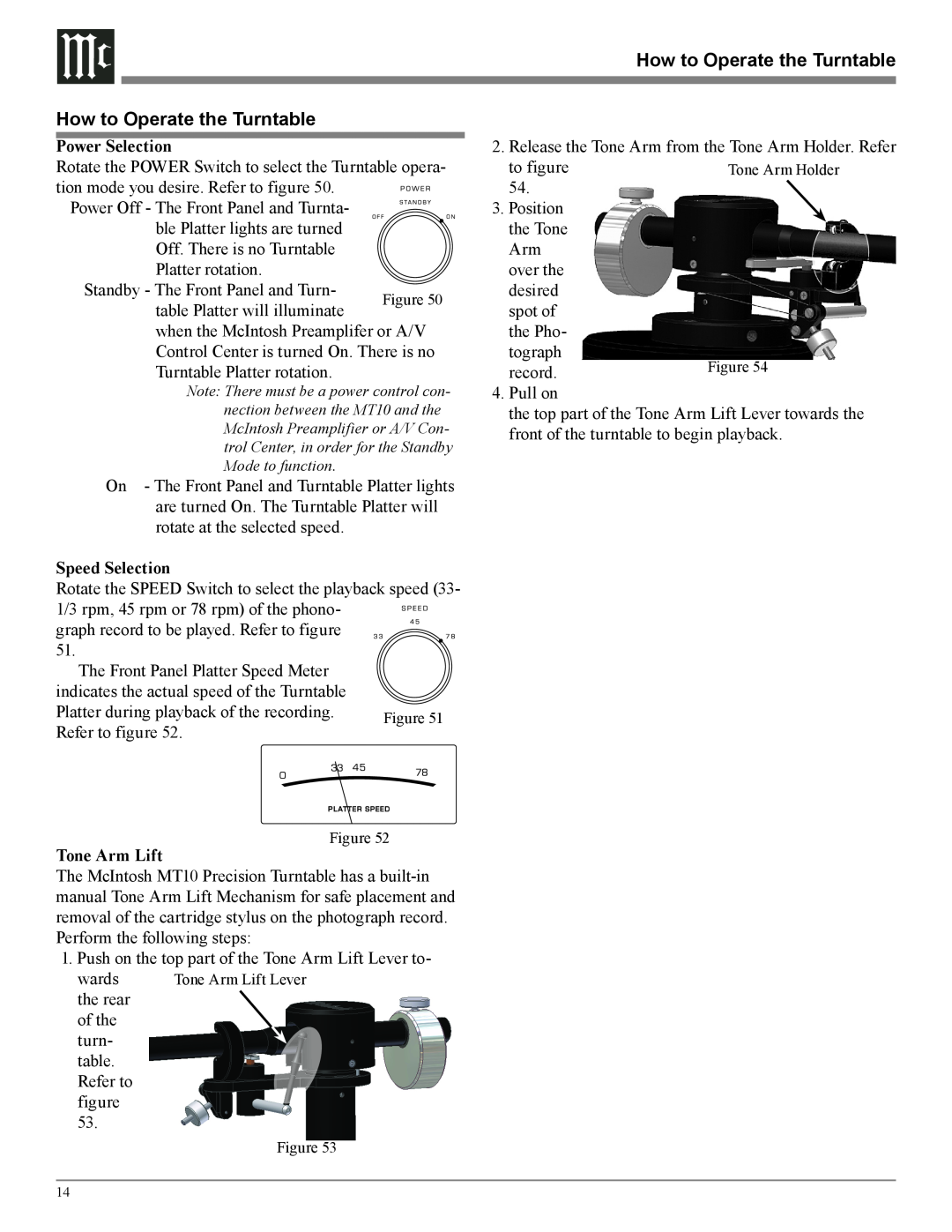 McIntosh MT10 owner manual How to Operate the Turntable, Power Selection, Speed Selection, Tone Arm Lift 