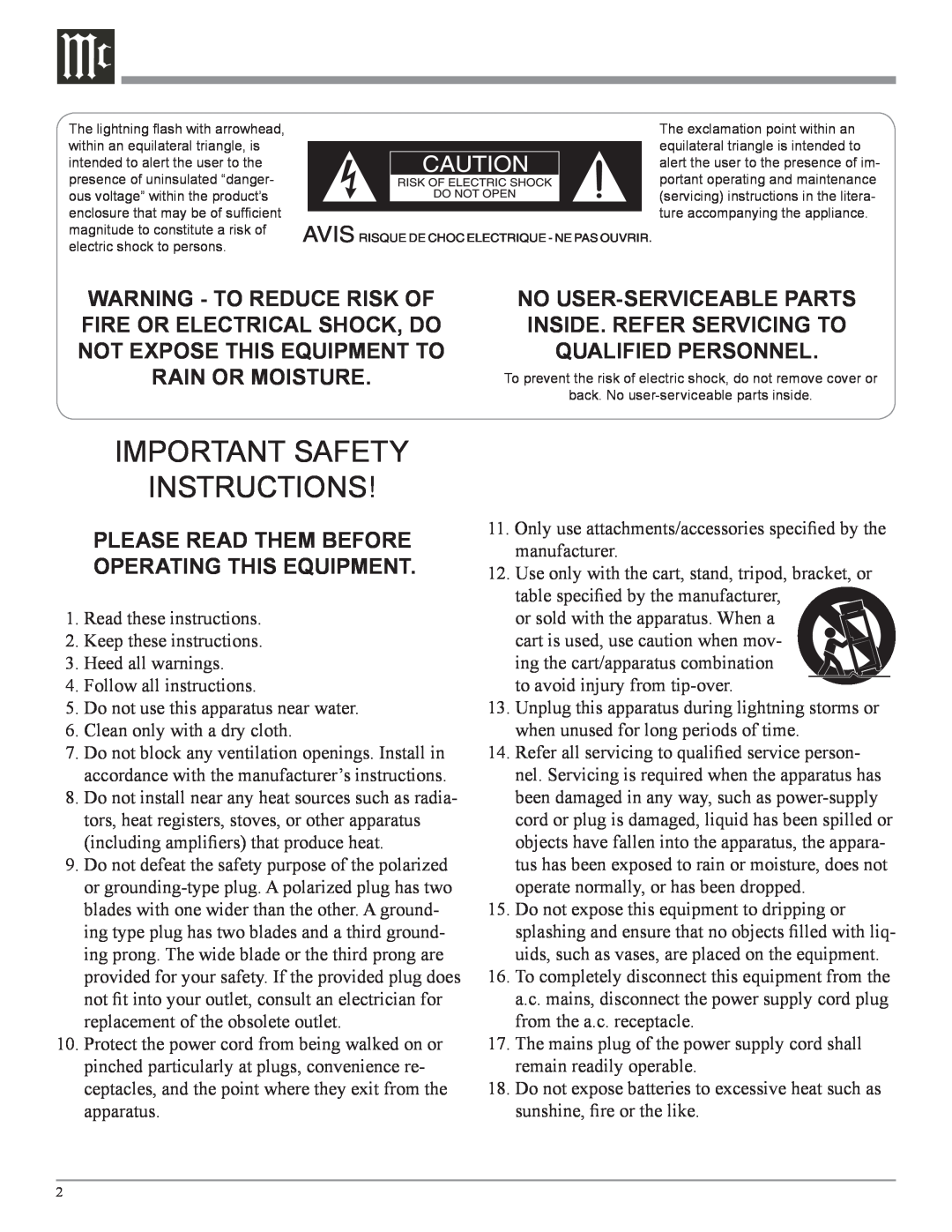 McIntosh MT10 Important Safety Instructions, Rain Or Moisture, Warning - To Reduce Risk Of, No User-Serviceableparts 