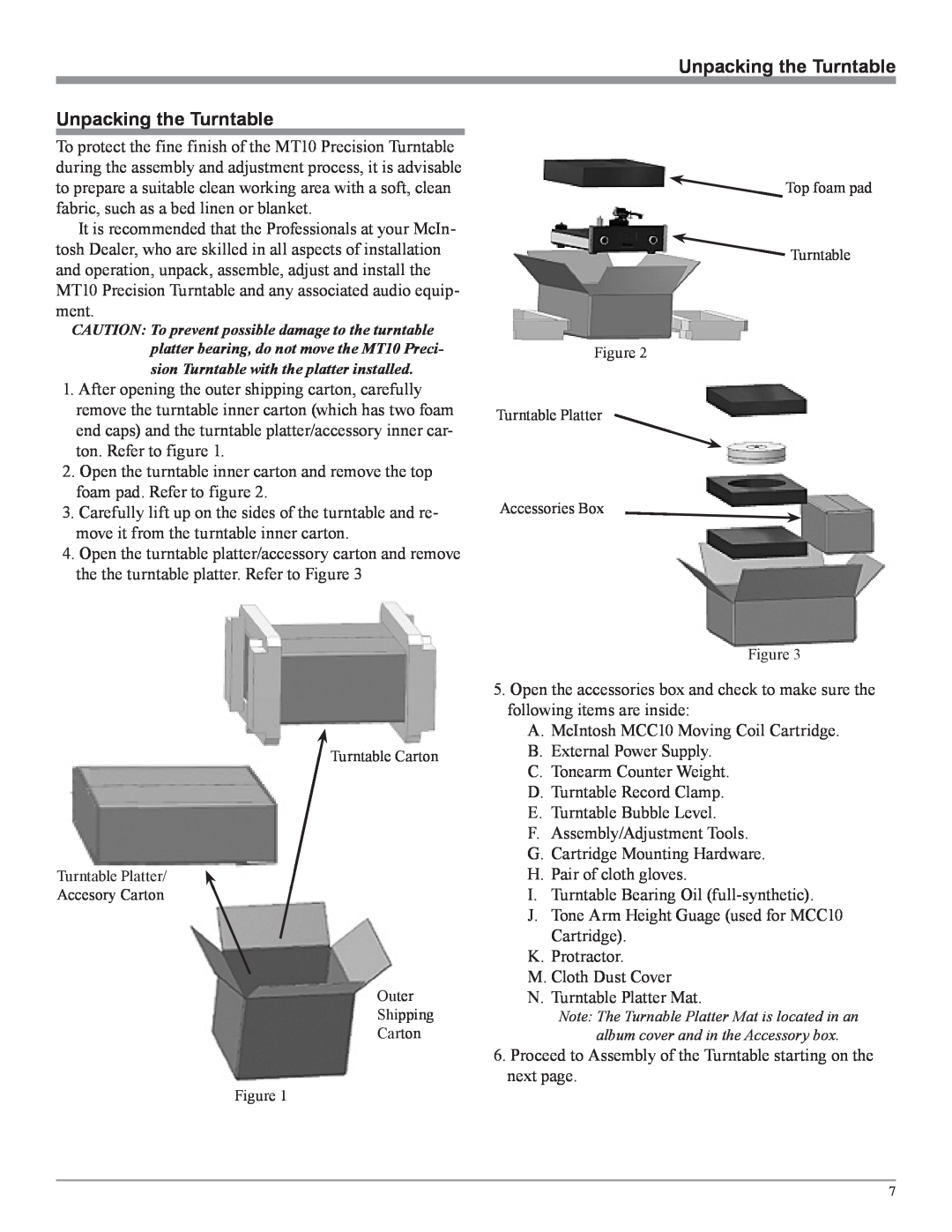 McIntosh MT10 owner manual Unpacking the Turntable 