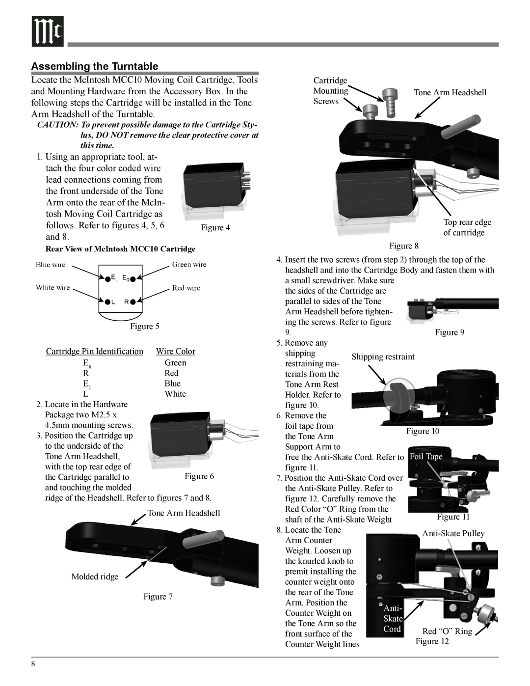 McIntosh MT10 owner manual Assembling the Turntable, Rear View of McIntosh MCC10 Cartridge, Anti, Skate, Cord 