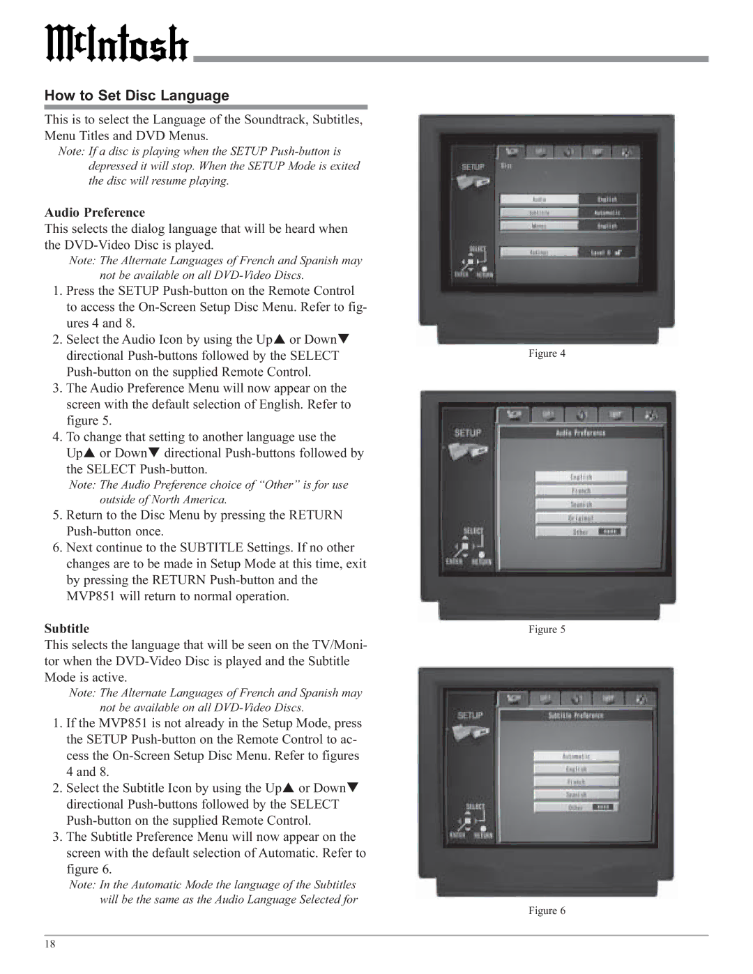 McIntosh MVP851 owner manual How to Set Disc Language 