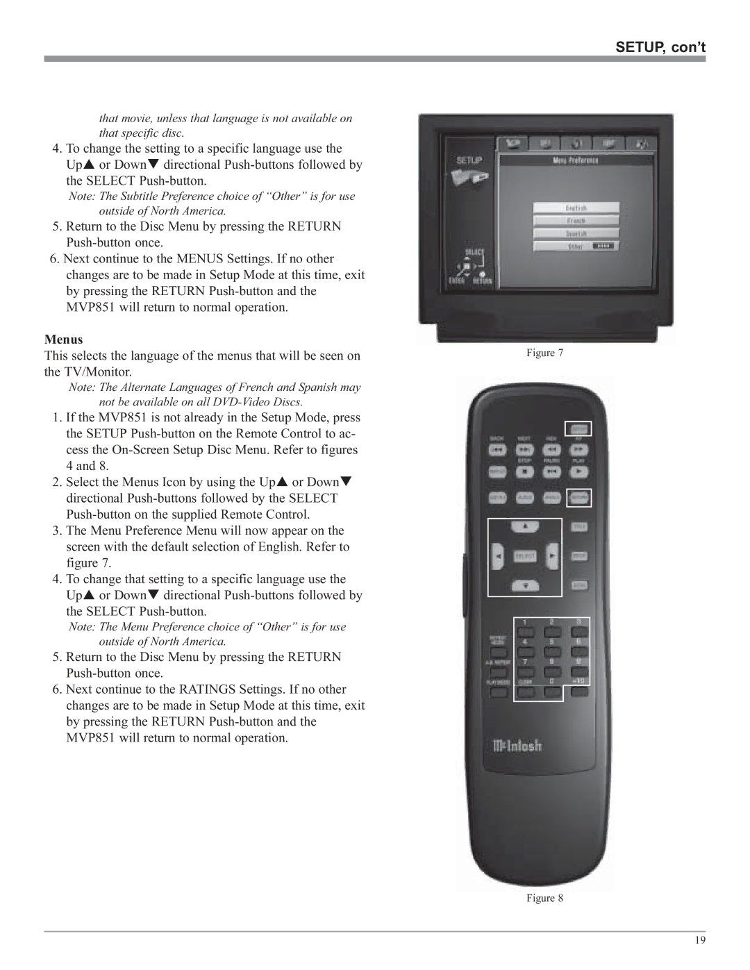 McIntosh MVP851 owner manual SETUP, con’t 