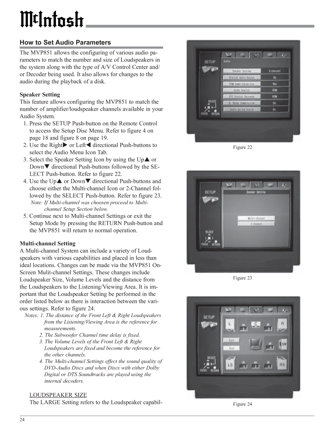 McIntosh MVP851 owner manual How to Set Audio Parameters, Loudspeaker Size 