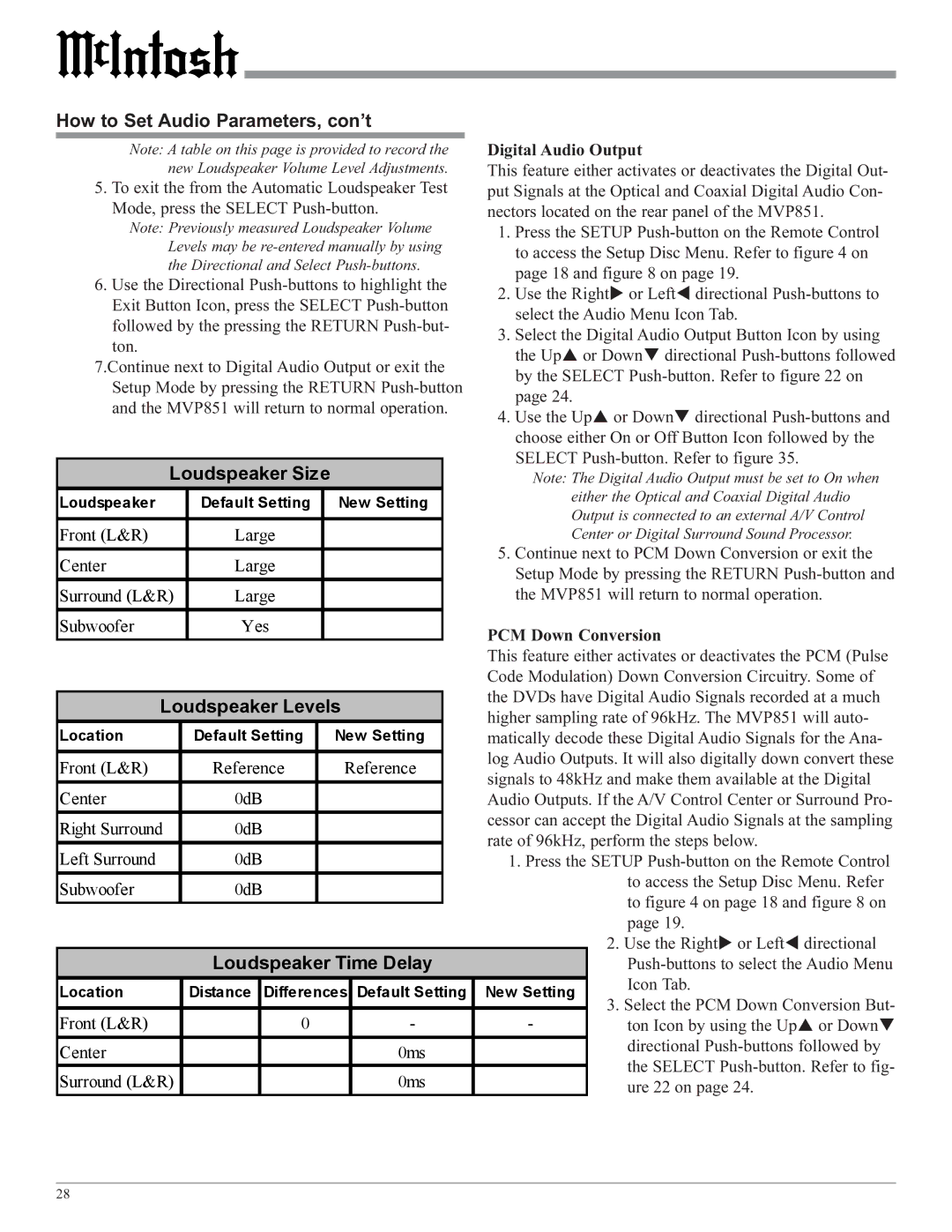 McIntosh MVP851 owner manual Loudspeaker Size, Loudspeaker Levels, Loudspeaker Time Delay 