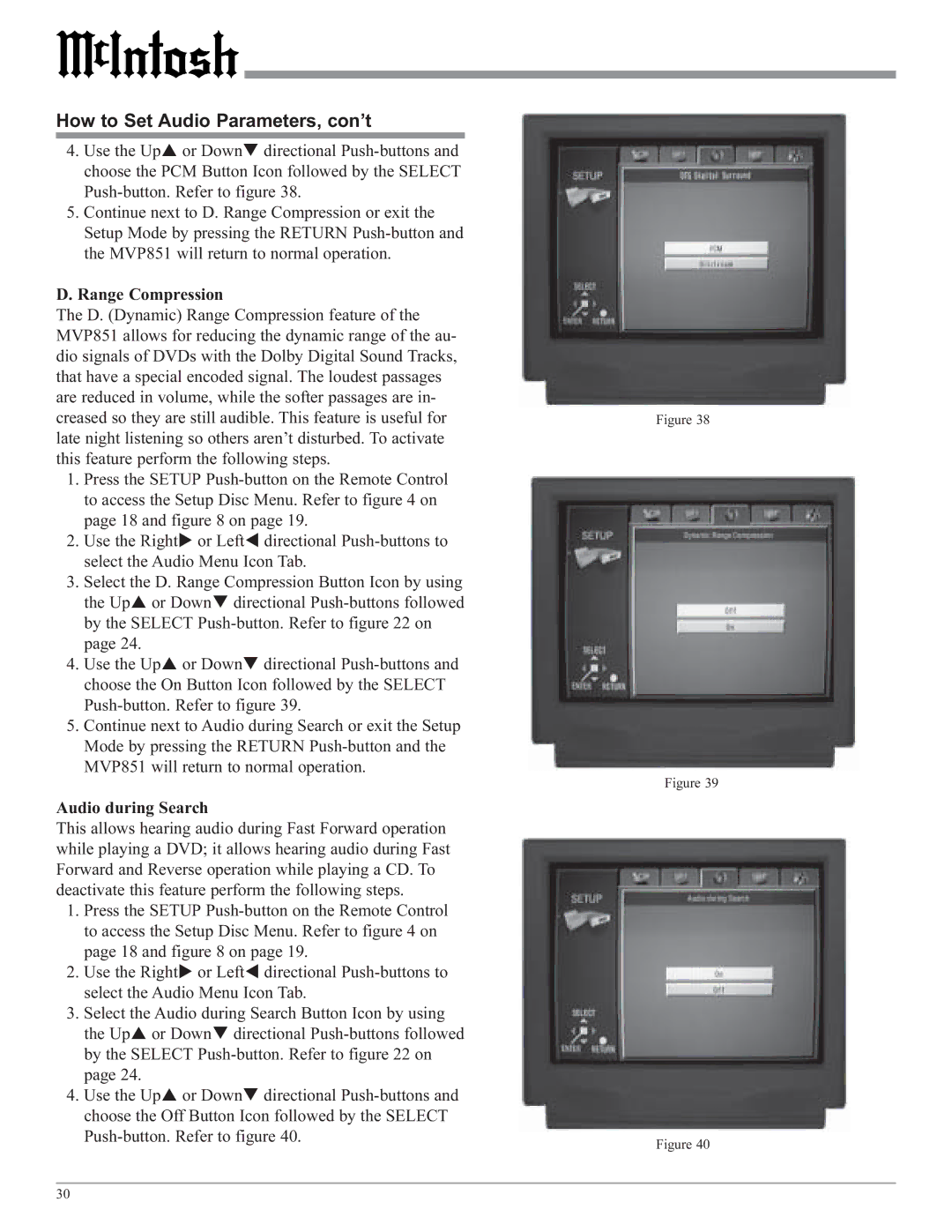 McIntosh MVP851 owner manual How to Set Audio Parameters, con’t 