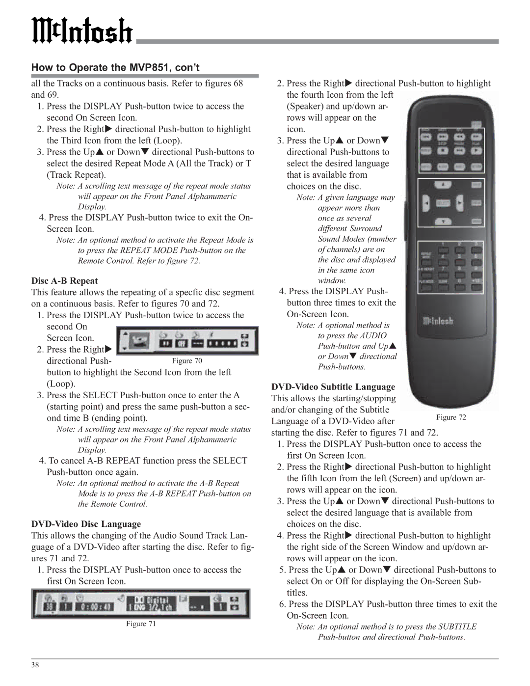 McIntosh owner manual How to Operate the MVP851, con’t 