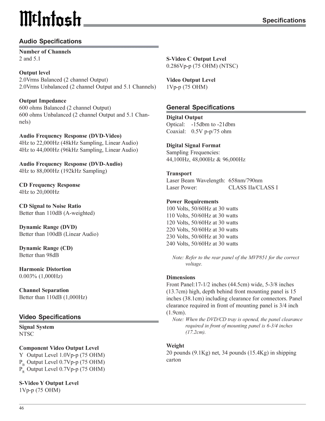 McIntosh MVP851 owner manual Specifications Audio Specifications, General Specifications, Video Specifications, Ntsc 