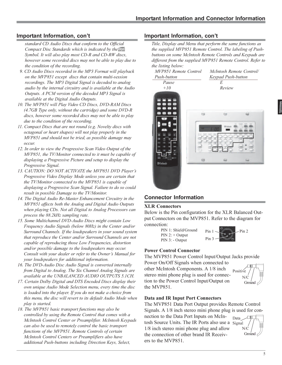 McIntosh MVP851 owner manual Important Information, con’t, Connector Information 