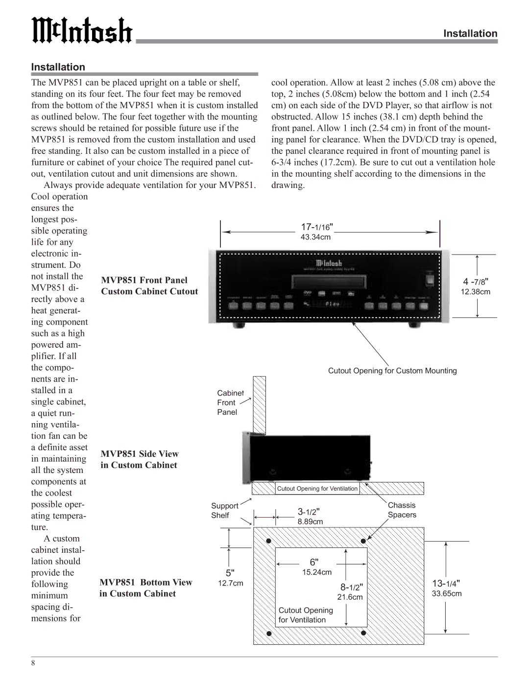 McIntosh MVP851 owner manual Installation, Custom Cabinet Cutout 